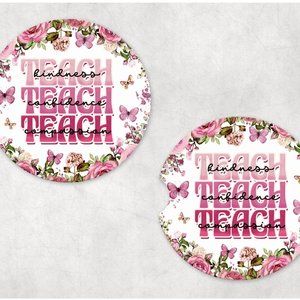 Floral Pink Teacher School Design Neoprene Cork Back Custom Car Coaster Set